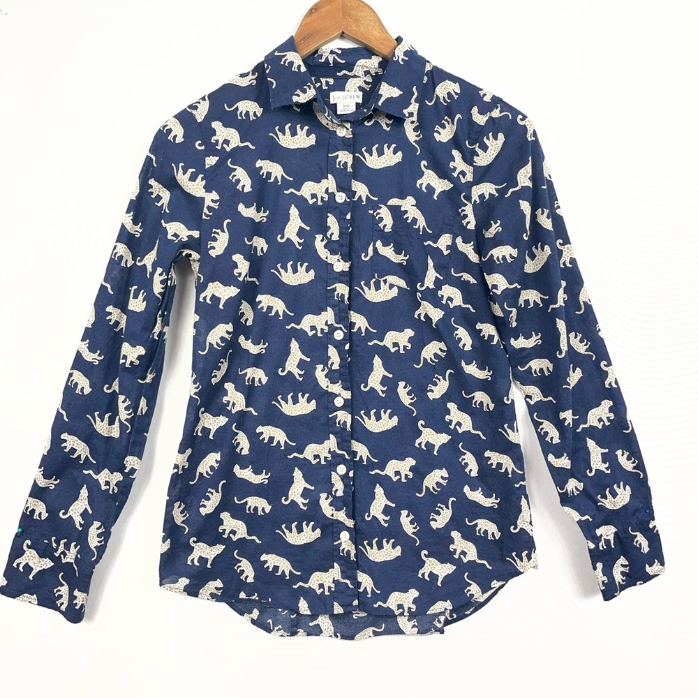 J. Crew Oxford Shirt XXS Navy Cheetah Novelty Print Careerwear Business Quirky